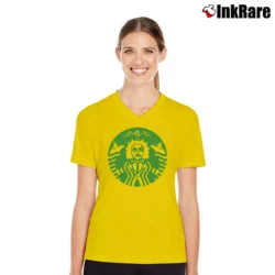 Women’s Beetlejuice Starbucks Funny Horror V-Neck Tee in yellow | Chic Neckline, Soft Texture