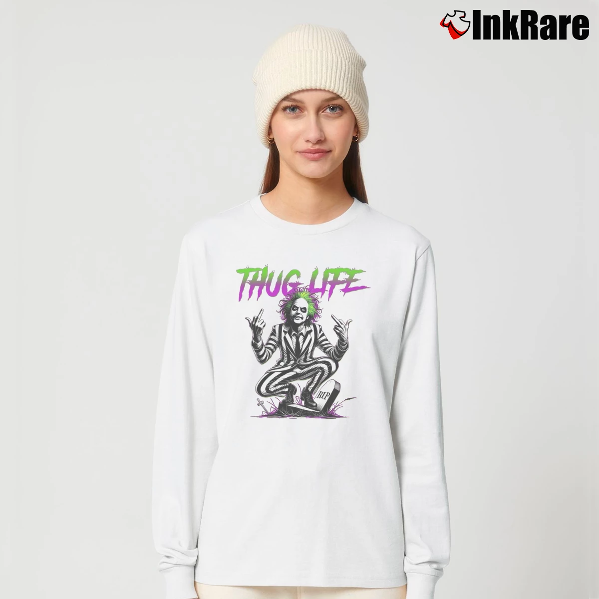 Beetlejuice Thug Life Women’s Long-Sleeve Top in white – Effortless Layer Women’s Beetlejuice Thug Life Long-Sleeve Top in white | Sleek, Versatile, All-Season