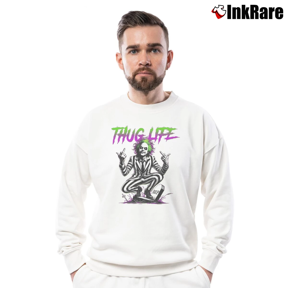 Beetlejuice Thug Life Men’s Crewneck Sweatshirt in white – Soft & Durable Men’s Beetlejuice Thug Life Crewneck Sweatshirt in white | Cozy Fabric, Clean Style