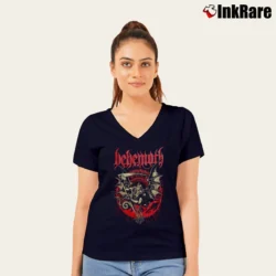 Women’s Behemoth Demon Reaper Metal Graphic V-Neck Tee in navy | Chic Neckline, Soft Texture
