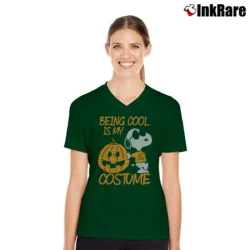 Women’s Being Cool Is My Costume Snoopy Halloween V-Neck Tee in forest green | Chic Neckline, Soft Texture