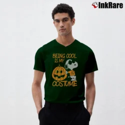 Men’s Being Cool Is My Costume Snoopy Halloween V-Neck Tee in forest green | Sharp, Breathable, Everyday Staple