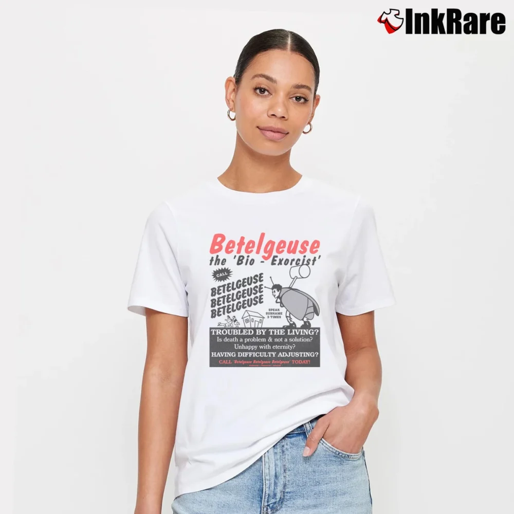 Women’s Betelgeuse The Bio Exorcist Bettlejuice Movie Signature T-Shirt in white | Soft, Flattering Fit