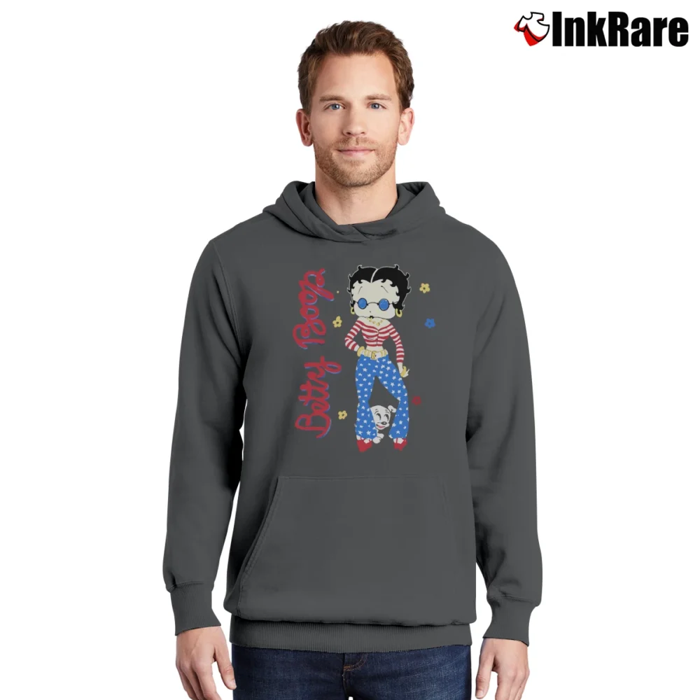 Men’s Betty Boop 70s Hippie 90s Cartoon USA Pullover Hoodie in charcoal | Cozy, Durable, Modern Fit