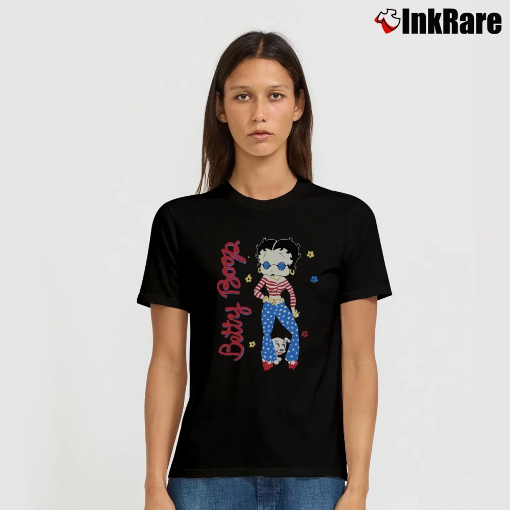 Women’s Betty Boop 70s Hippie 90s Cartoon USA Signature T-Shirt in black | Soft, Flattering Fit
