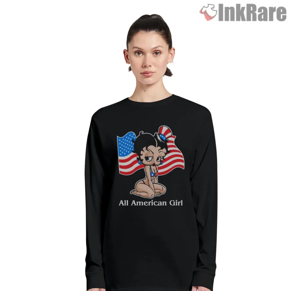 Betty Boop All American Girl Flag Shirt on black long sleeve shirt for women graphic tee
