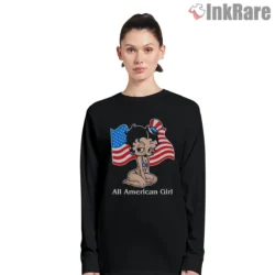 Betty Boop All American Girl Flag Shirt on black long sleeve shirt for women graphic tee