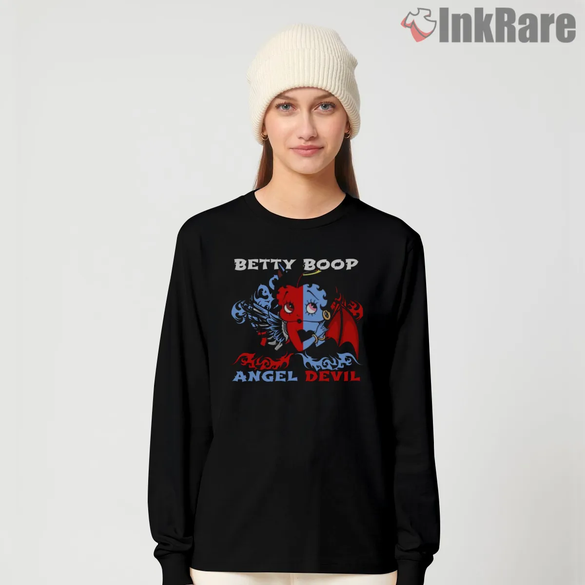 Betty Boop Angel Devil Split Face Shirt on black long sleeve shirt for women graphic tee