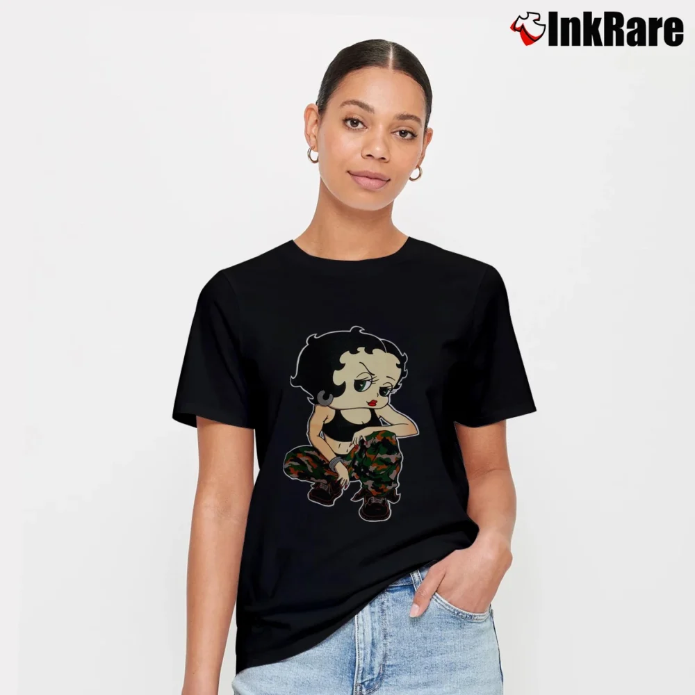 Women’s Betty Boop Army Camo Military Style Signature T-Shirt in black | Soft, Flattering Fit