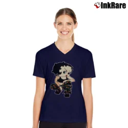 Women’s Betty Boop Army Camo Military Style V-Neck Tee in navy | Chic Neckline, Soft Texture
