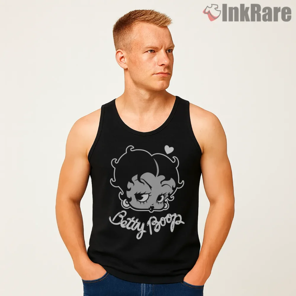 Betty Boop Big Head Script Logo Shirt on black tank top for men graphic tee