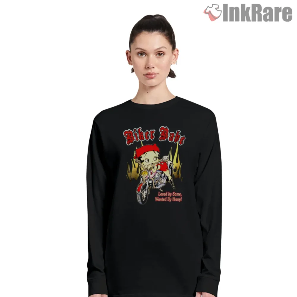 Betty Boop Biker Babe Shirt with flames and motorcycle graphic on black