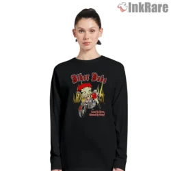 Betty Boop Biker Babe Shirt with flames and motorcycle graphic on black