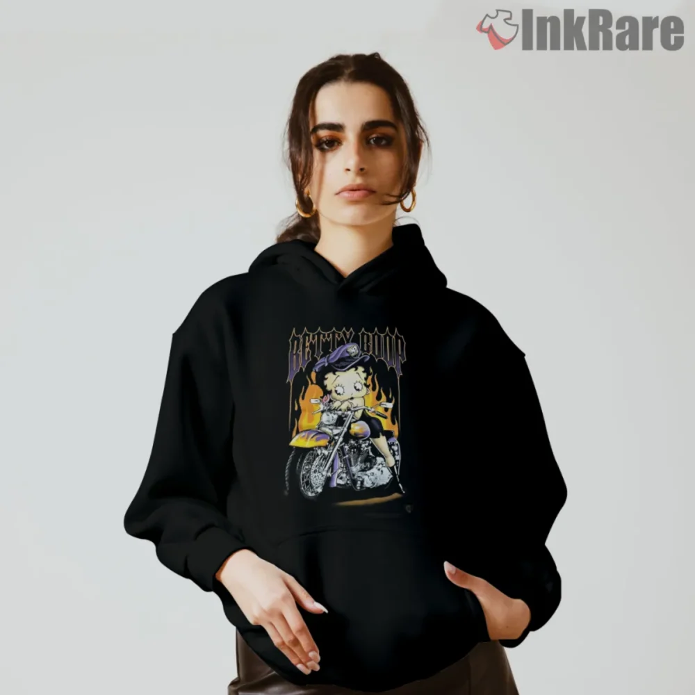Betty Boop Biker Flames Shirt with purple bike and orange flames on black hoodie
