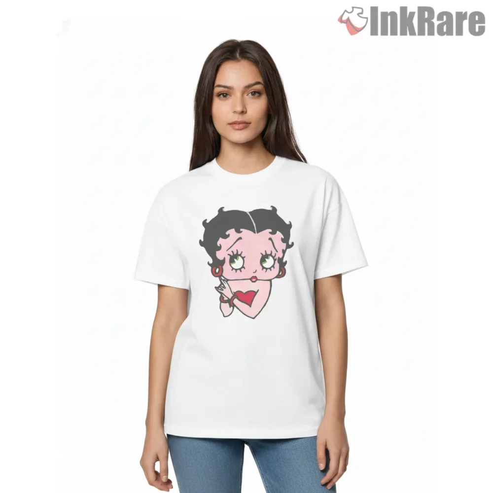 Betty Boop Blushing Heart Face Icon Shirt on white short sleeve shirt for women graphic tee
