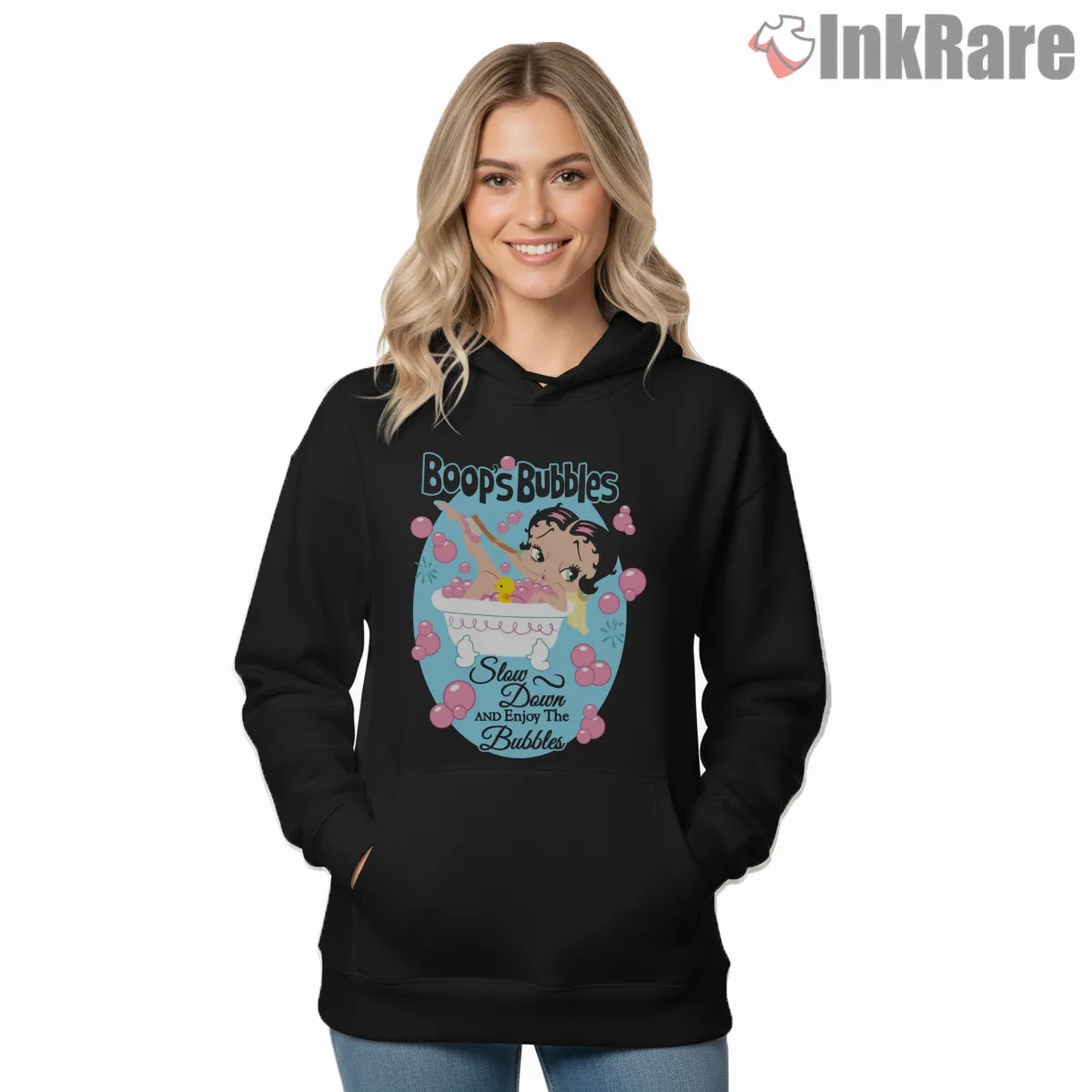 Betty Boop Boops Bubbles Relaxing Bath Shirt on black hoodie for women graphic tee