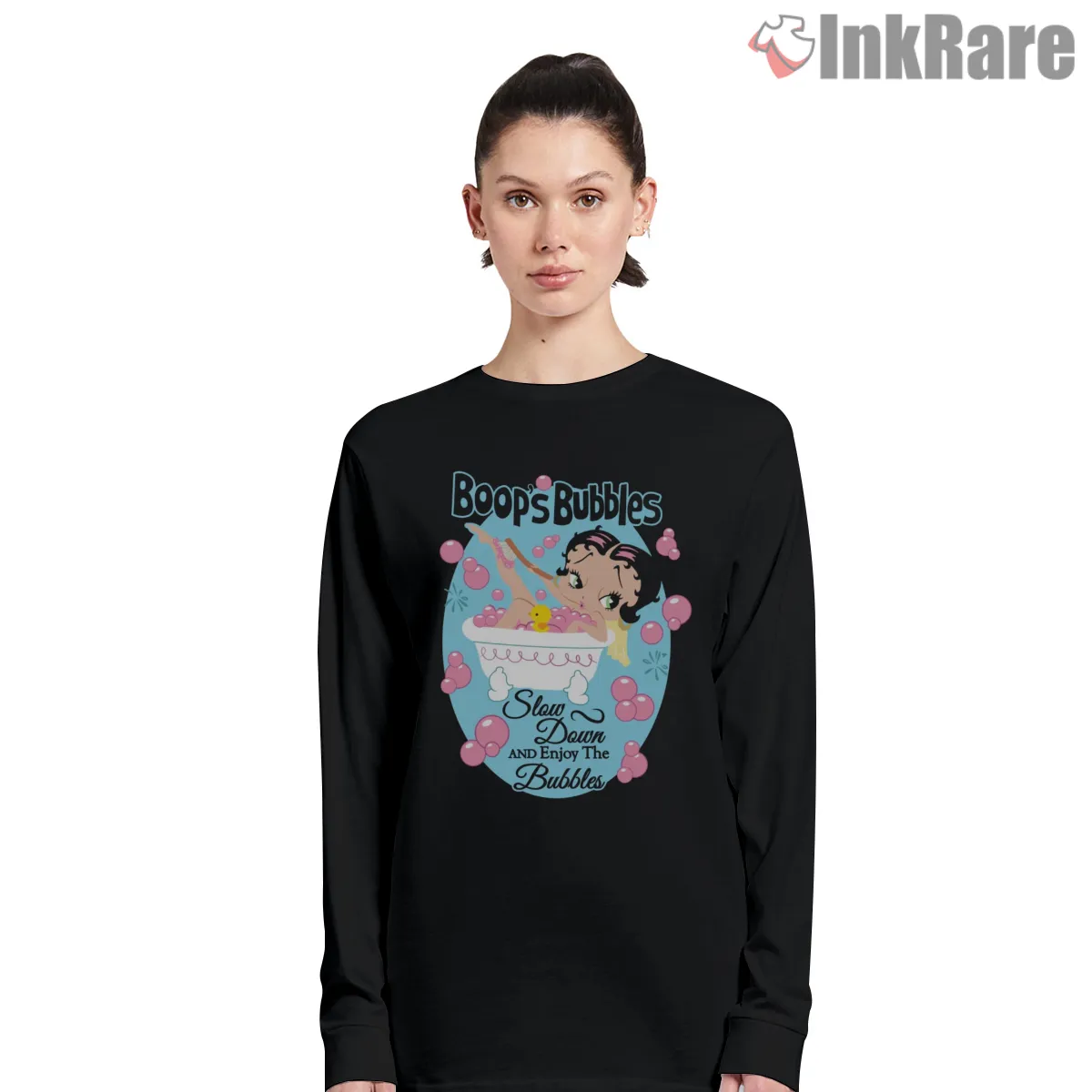 Betty Boop Boops Bubbles Relaxing Bath Long Sleeve Black Betty Boop Boops Bubbles Relaxing Bath Shirt on black long sleeve shirt for women graphic tee