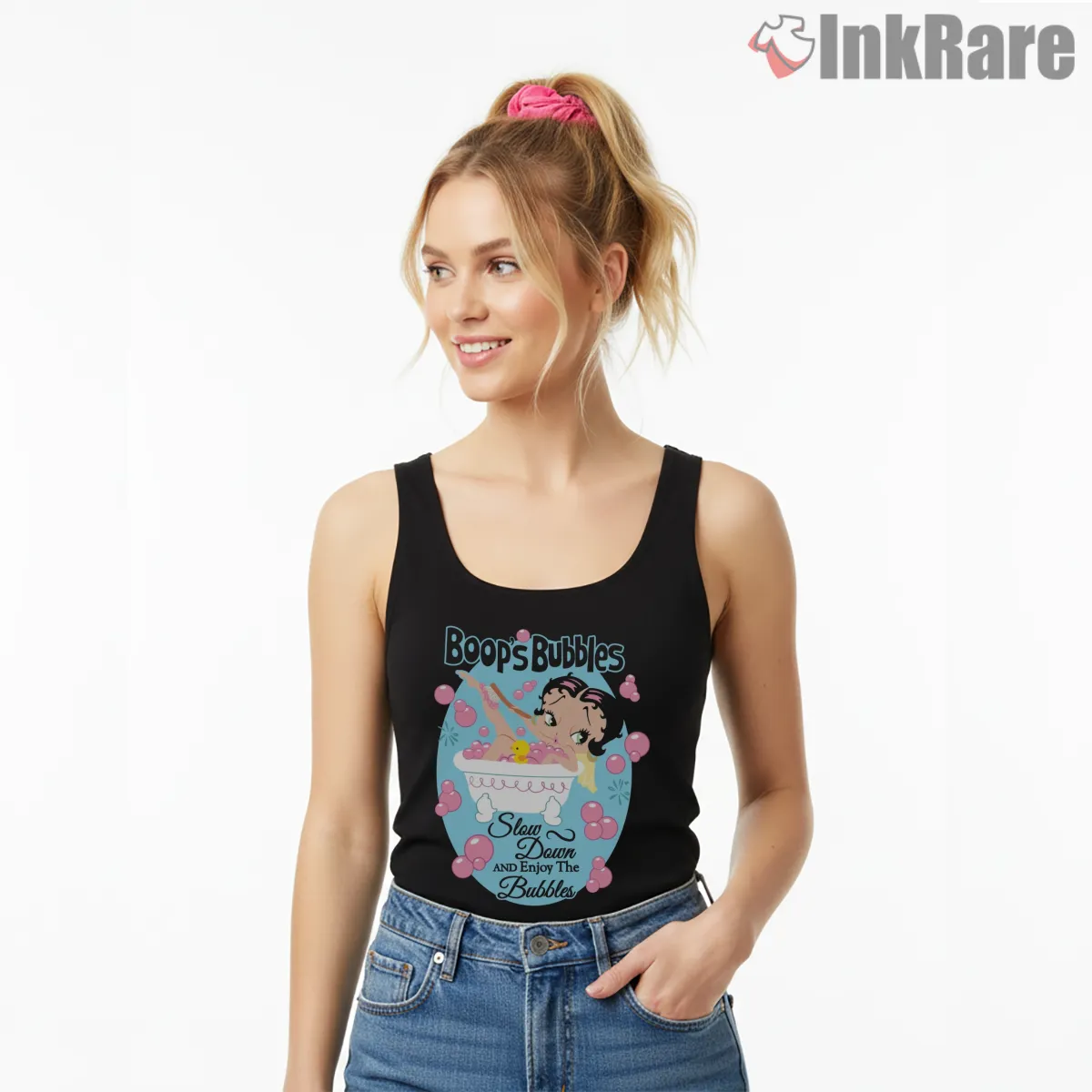 Betty Boop Boops Bubbles Relaxing Bath Tank Top Black Betty Boop Boops Bubbles Relaxing Bath Shirt on black tank top for women graphic tee