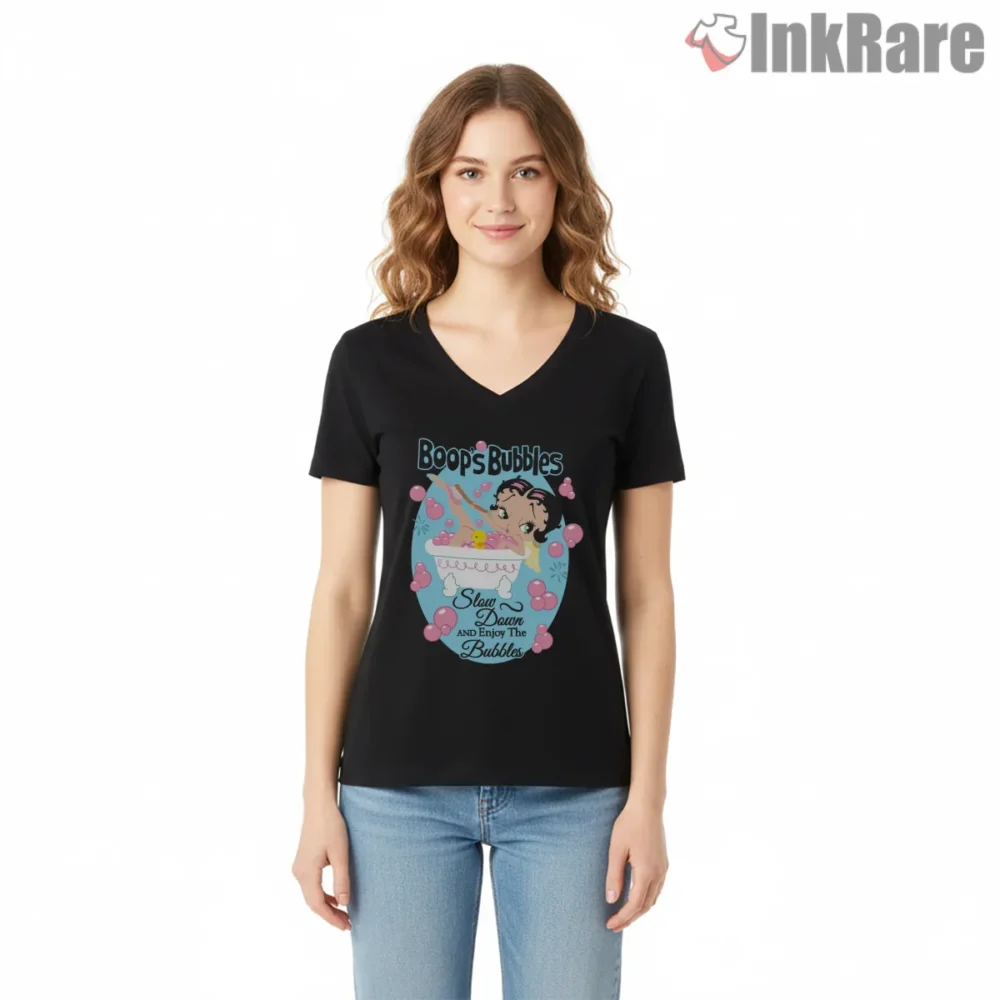 Betty Boop Boops Bubbles Relaxing Bath Shirt on black v-neck shirt for women graphic tee