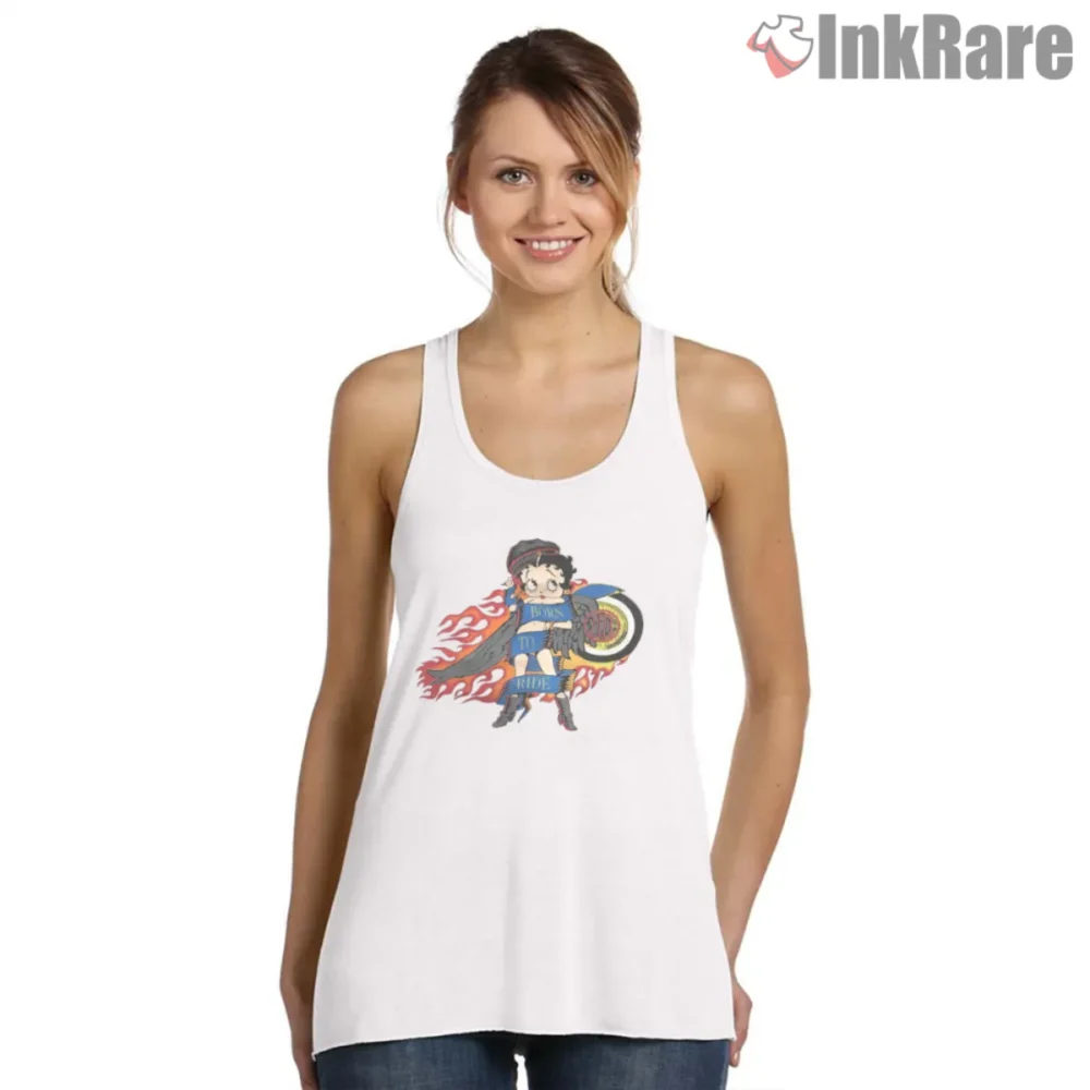 Betty Boop Born To Ride Shirt with fiery biker pinup artwork on white