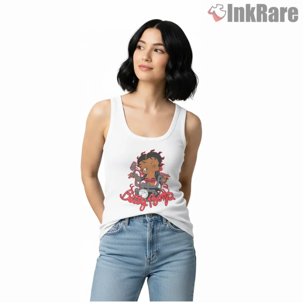 Betty Boop Classic Rider Retro Motorcycle Shirt on white tank top for women graphic tee
