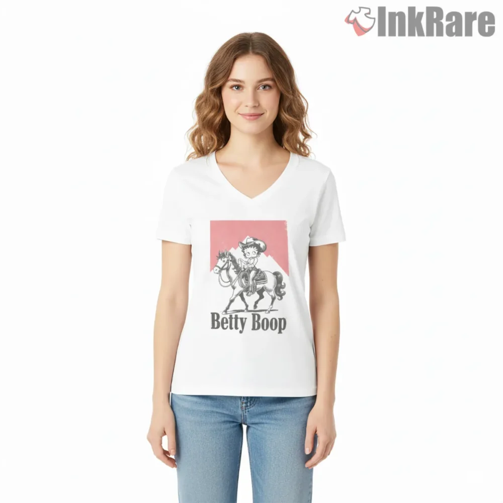 Betty Boop Cowgirl Marlboro Style Horseback Shirt on white v-neck shirt for women graphic tee