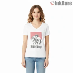 Betty Boop Cowgirl Marlboro Style Horseback Shirt on white v-neck shirt for women graphic tee