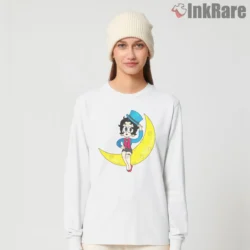 Betty Boop Crescent Moon Blue Jacket Shirt on white long sleeve shirt for women graphic tee