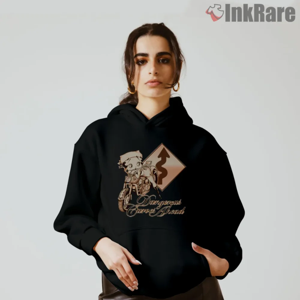 Betty Boop Dangerous Curves Shirt with biker road sign art on black hoodie