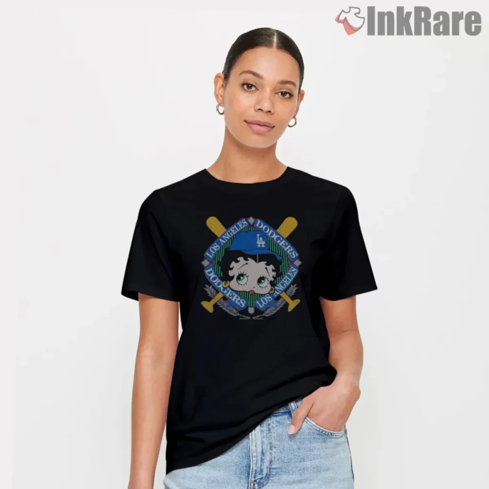 Betty Boop Dodgers Shirt with LA cap inside a baseball crest on black