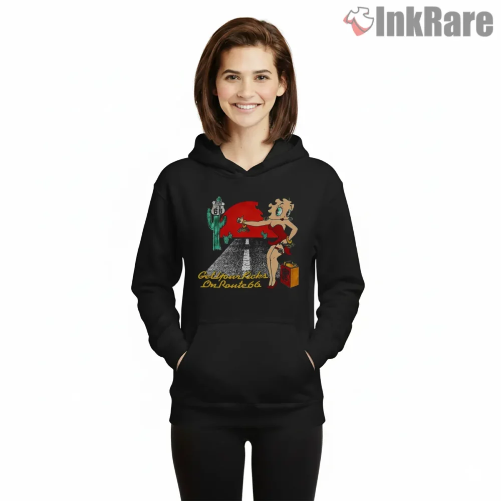 Betty Boop Get Your Kicks On Route 66 Shirt on black hoodie for women graphic tee