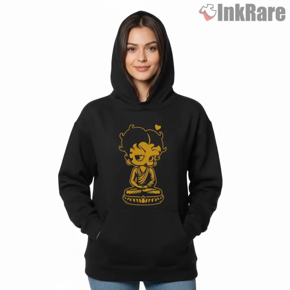 Betty Boop Golden Yoga Meditation Namaste Shirt on black hoodie for women graphic tee