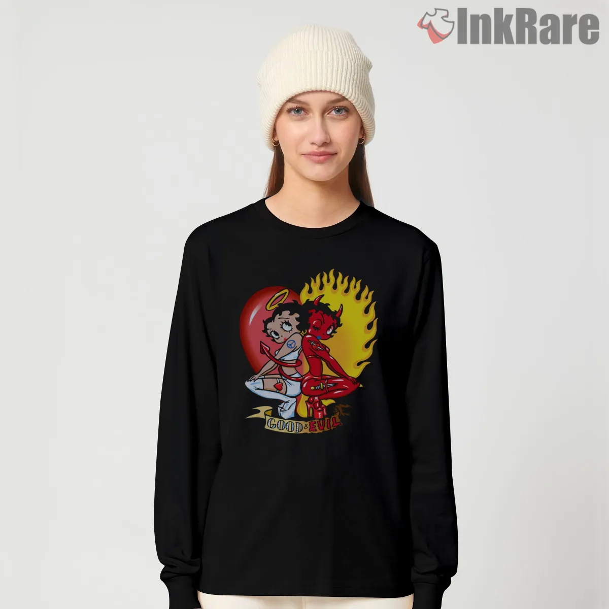 Betty Boop Good And Evil Rock Angel Devil Shirt on black long sleeve shirt for women graphic tee