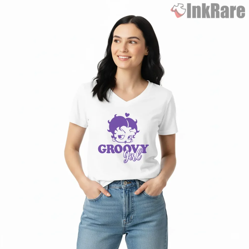 Betty Boop Groovy Girl Purple Tie Dye Shirt on white v-neck shirt for women graphic tee
