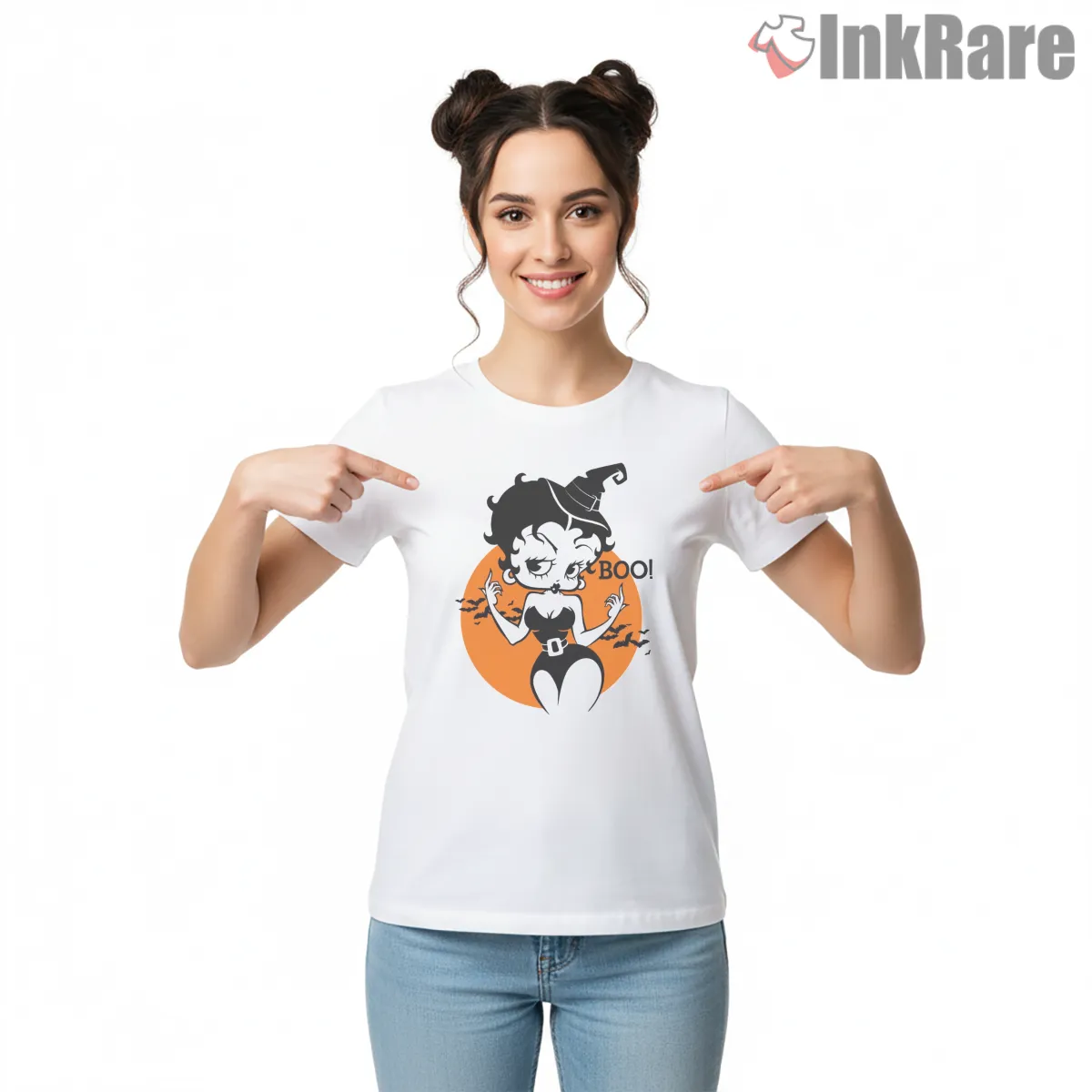 Betty Boop Halloween Boo Witch Moon Shirt on white short sleeve shirt for women graphic tee