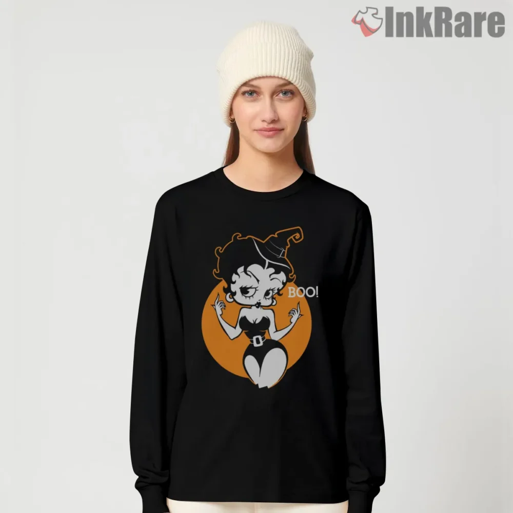 Betty Boop Halloween Moon Witch Boo Shirt on black long sleeve shirt for women graphic tee