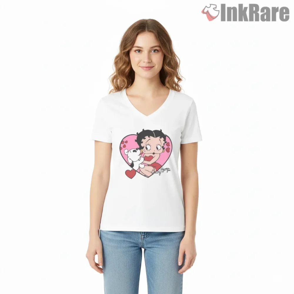Betty Boop Happy Moment Heart Hug Shirt on white v-neck shirt for women graphic tee
