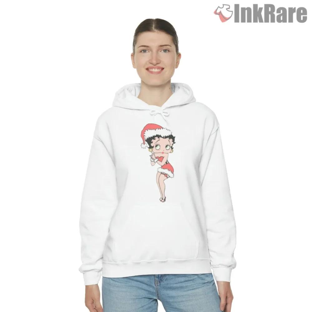 Betty Boop Holiday Cheer Santa Candy Cane Shirt on white hoodie for women graphic tee