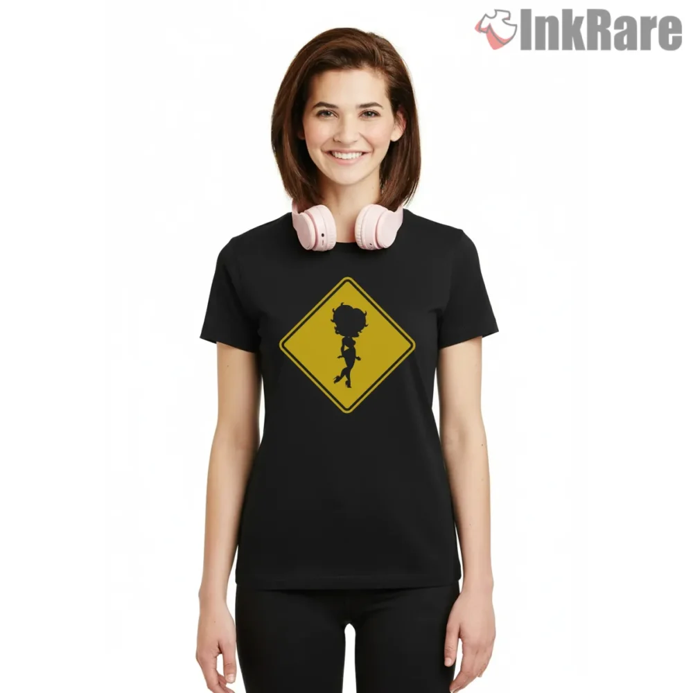 Betty Boop Hot Girl Crossing Road Sign Shirt on black short sleeve shirt for women graphic tee