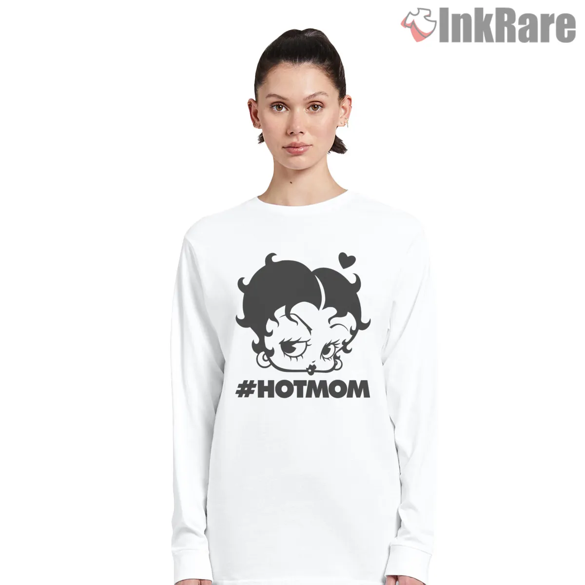 Betty Boop Hot Mom Hashtag Graphic Shirt on white long sleeve shirt for women graphic tee
