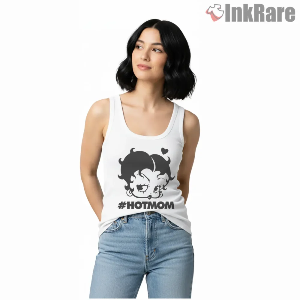 Betty Boop Hot Mom Hashtag Graphic Shirt on white tank top for women graphic tee