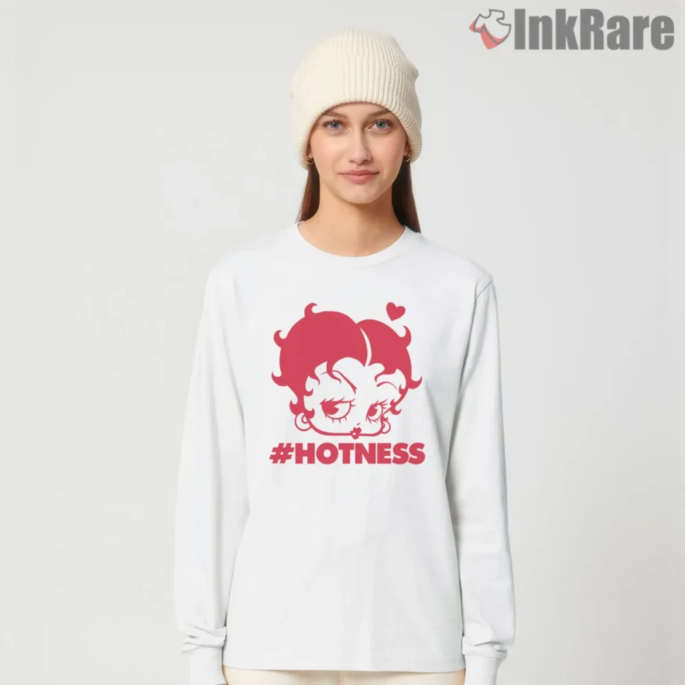 Betty Boop Hotness Hashtag Graphic Shirt on white long sleeve shirt for women graphic tee