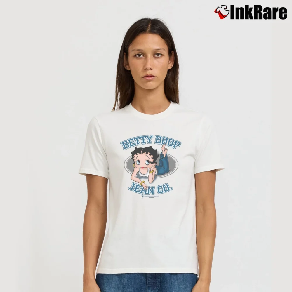 Women’s Betty Boop Jean Co Junior Cartoon Signature T-Shirt in white | Soft, Flattering Fit
