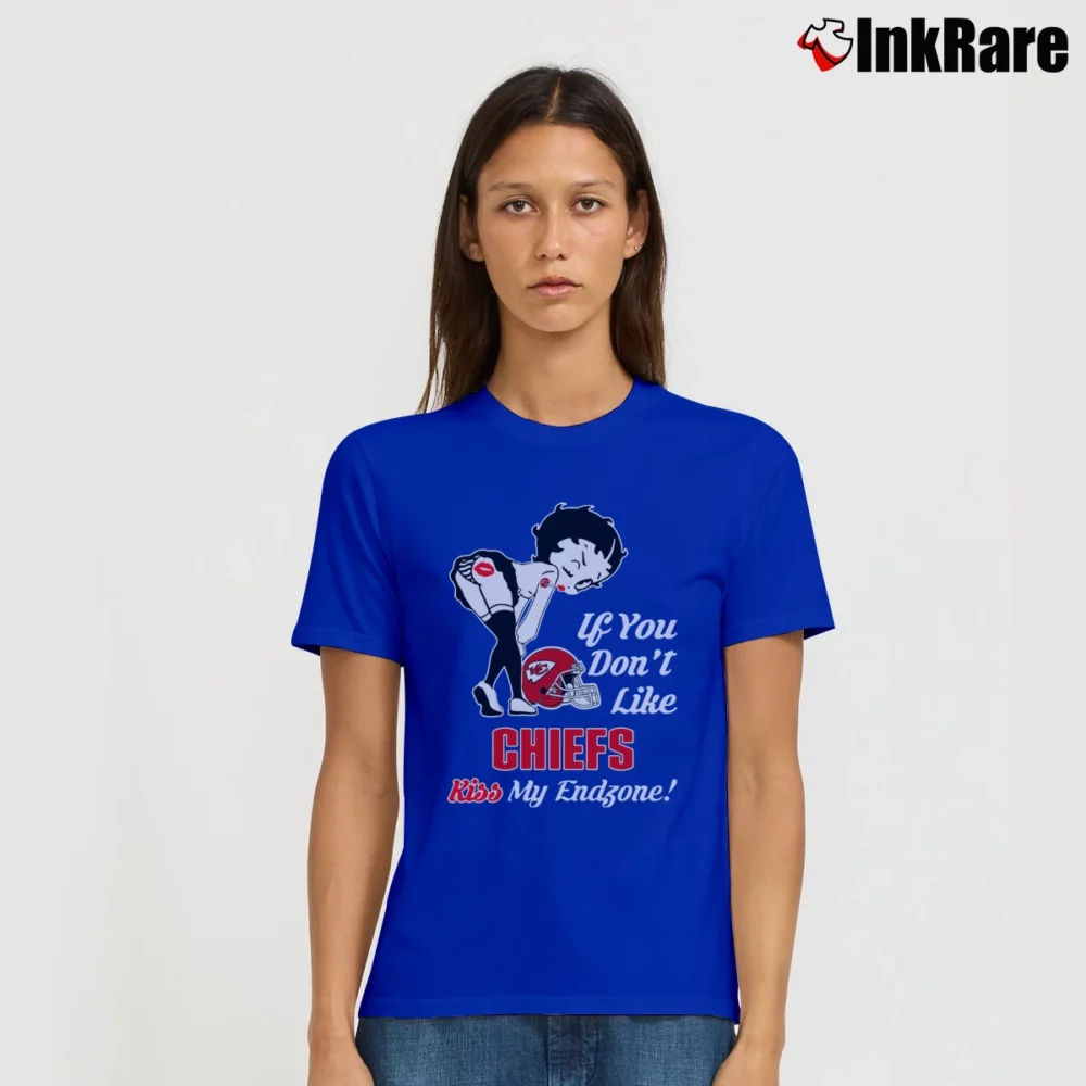 Women’s Betty Boop Kansas City Chiefs If You Don't Like Kiss My Endzone Football Signature T-Shirt in royal blue | Soft, Flattering Fit