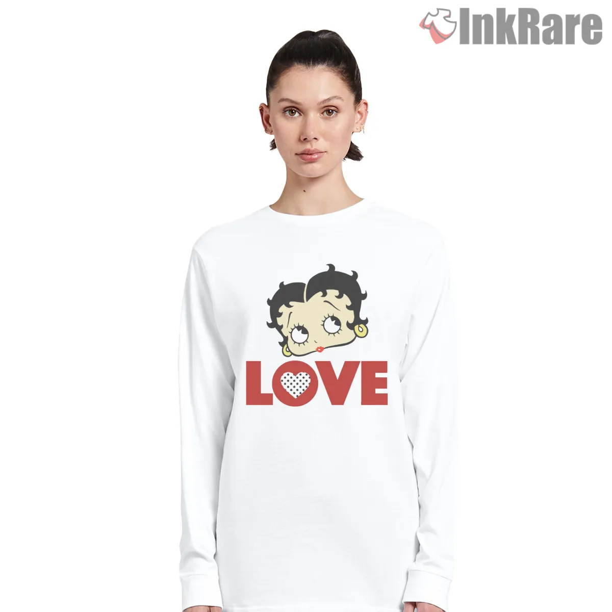 Betty Boop Love Letter Graphic Logo Shirt on white long sleeve shirt for women graphic tee