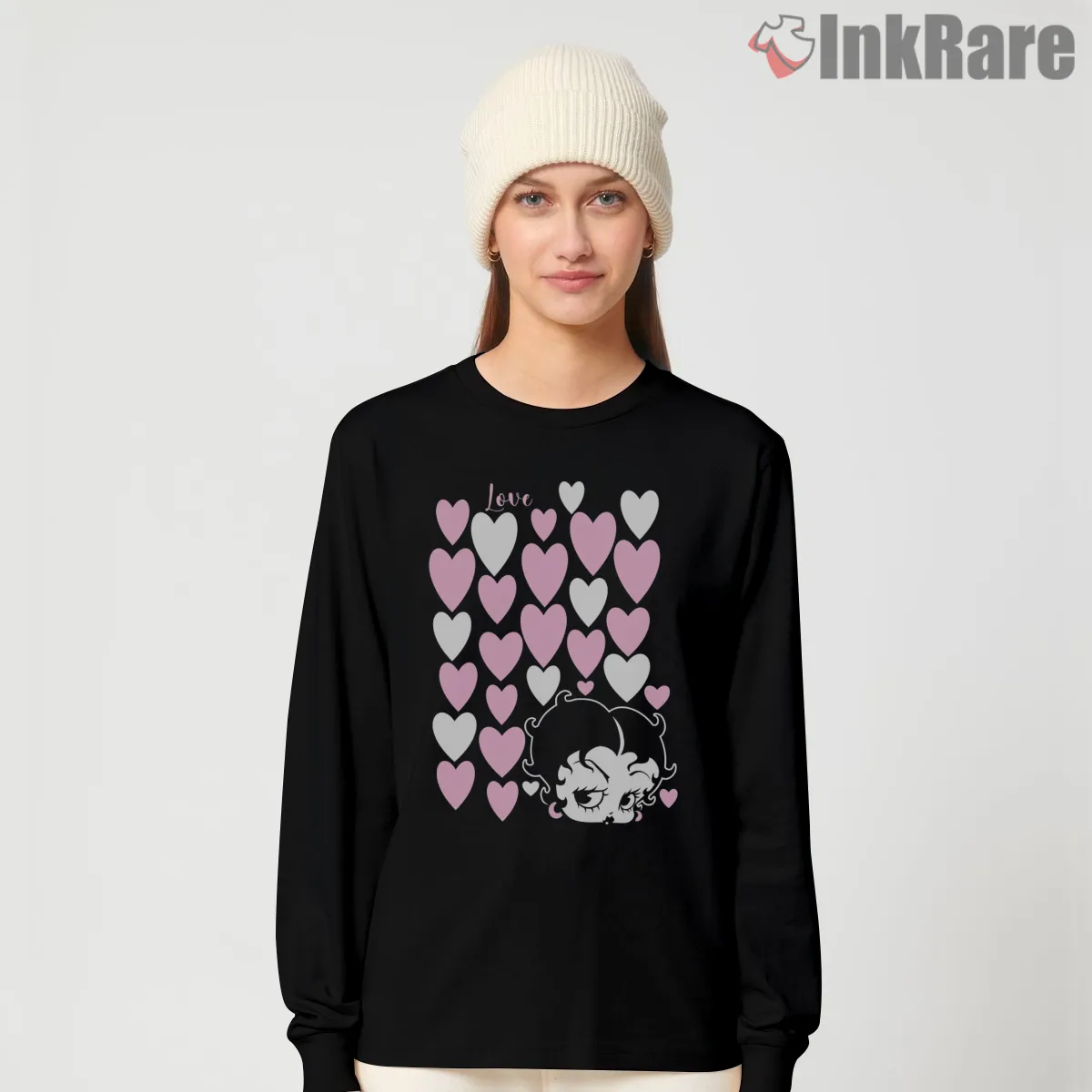 Betty Boop Love Lots Of Hearts Long Sleeve Black Betty Boop Love Lots Of Hearts Shirt on black long sleeve shirt for women graphic tee
