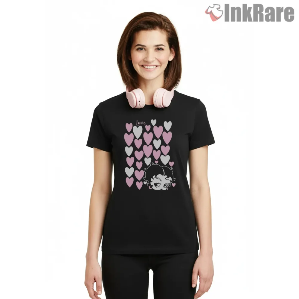 Betty Boop Love Lots Of Hearts Shirt on black short sleeve shirt for women graphic tee