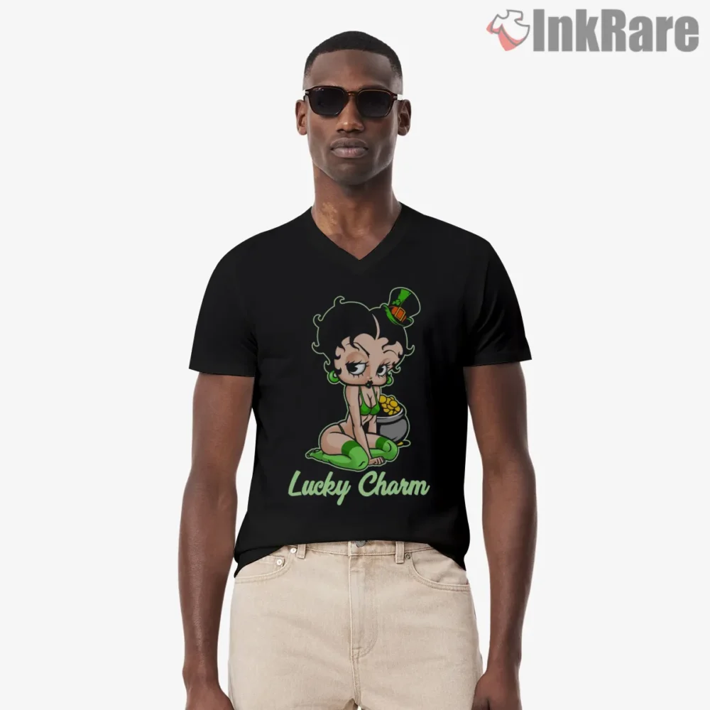 Betty Boop Lucky Charm Saint Patricks Day Shirt on black v-neck shirt for men graphic tee