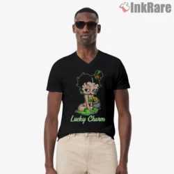 Betty Boop Lucky Charm Saint Patricks Day Shirt on black v-neck shirt for men graphic tee