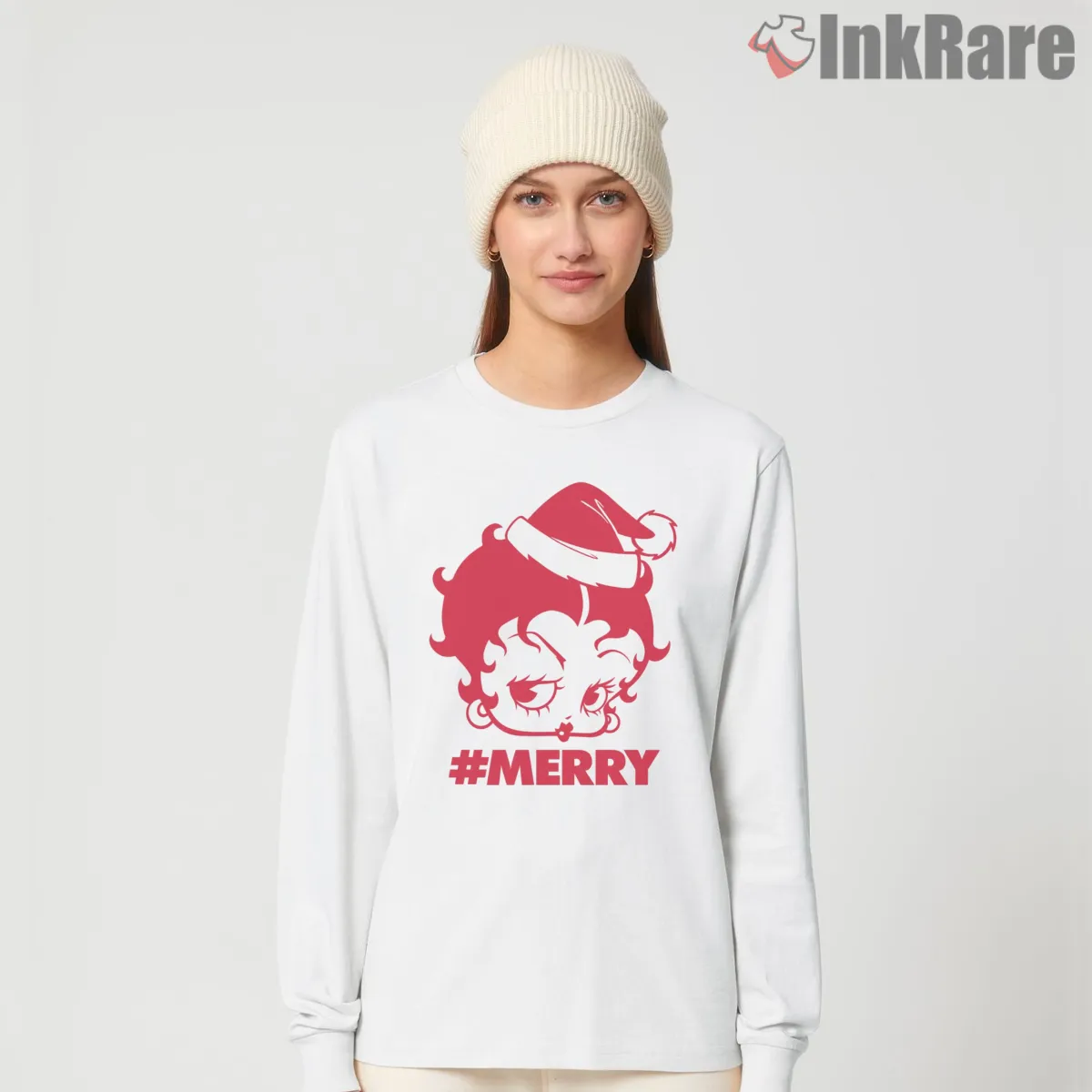 Betty Boop Merry Hashtag Christmas Santa Shirt on white long sleeve shirt for women graphic tee